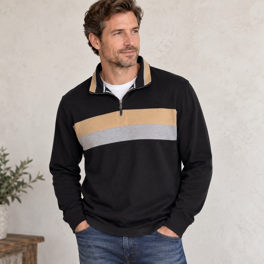 Magaschoni Man Men's XL Quarter Zip Pullover Black Tan Gray Colorblock